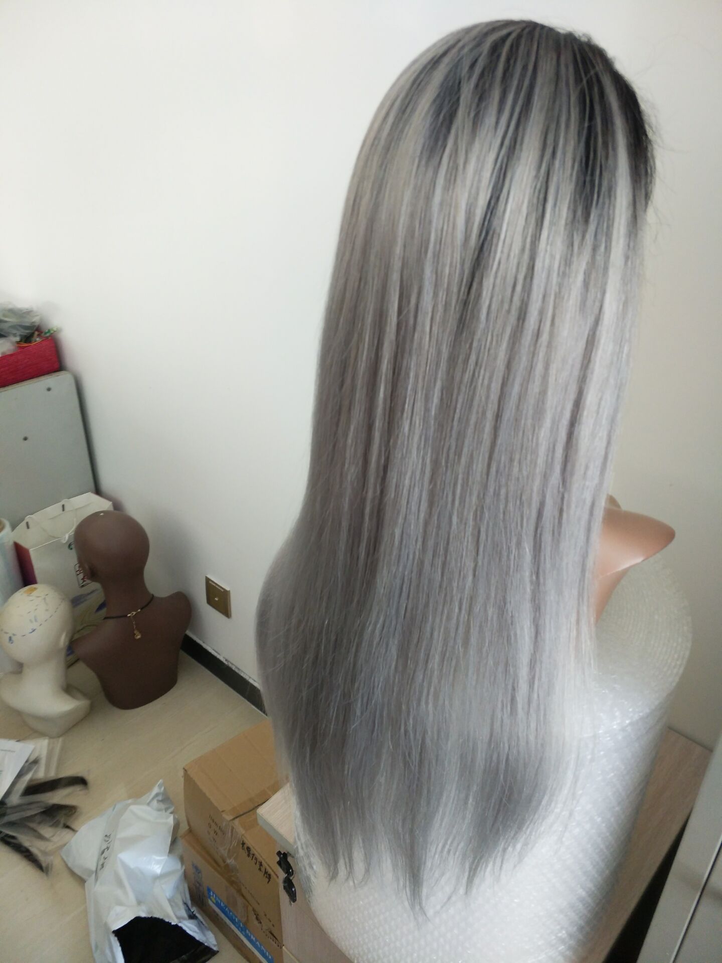 Silver gray wigs human lace wig,glueless braided wig,natural wavy hair wig HN301.