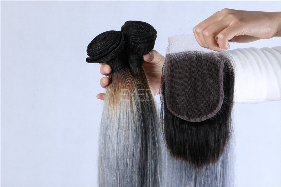 Silver ombre hair wefts 3 bundles with closure zj0020